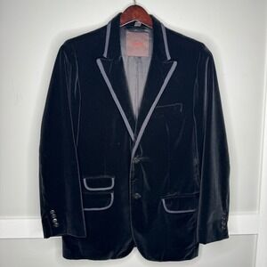 TreVero Velvet Blazer Men L Black Loro Piana Fabric Contrast Trim Sport Coat 42S